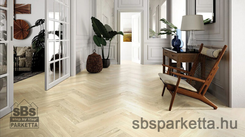 027990-BARLINEK WOOD - PURE CLASSICO LINE 130 - HERRINGBONE FAMILY - Tölgy matt lakkozott Pácolt fehér szalagparketta - WHITE - BIANCO_M4V