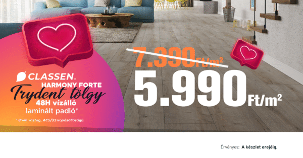 007290- CLASSEN - Vízálló laminált padló - HARMONY FORTE - TRYDENT TÖLGY - 56613 - 8mm_AC5/33_4V - SZUPER AKCIÓ! - Image 3