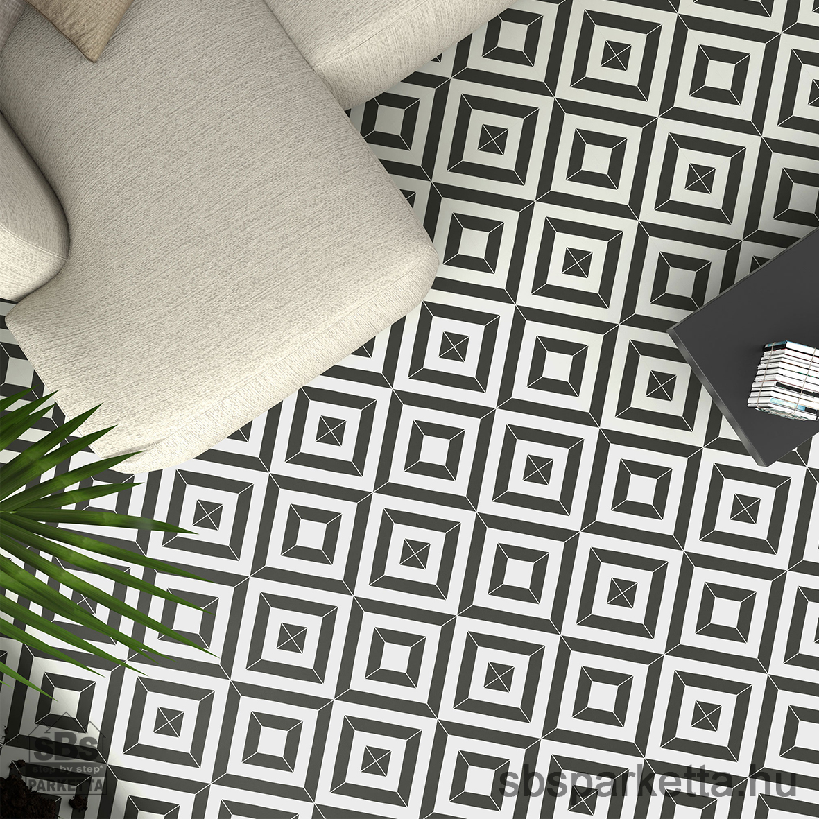 014490- FAUS - Vízálló laminált padló - RETRO 1 - KŐMINTÁS - BLACK & WHITE PATTERN TILE - S185210 - 8mm_AC6/33 - Image 3