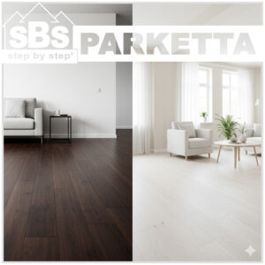 Egy elegáns szoba, ahol a sötét parketta éles kontrasztot alkot a világos falakkal.